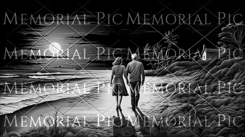 Couple walking on the beach ready for impact or laser etching.