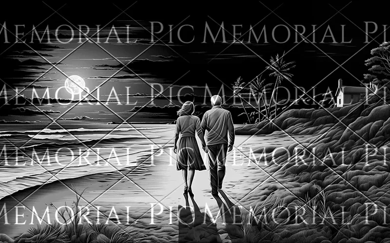 Couple walking on the beach ready for impact or laser etching.