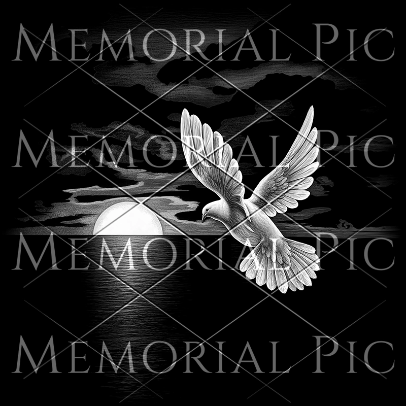Laser etching headstone - the dove flies away towards the sunset.